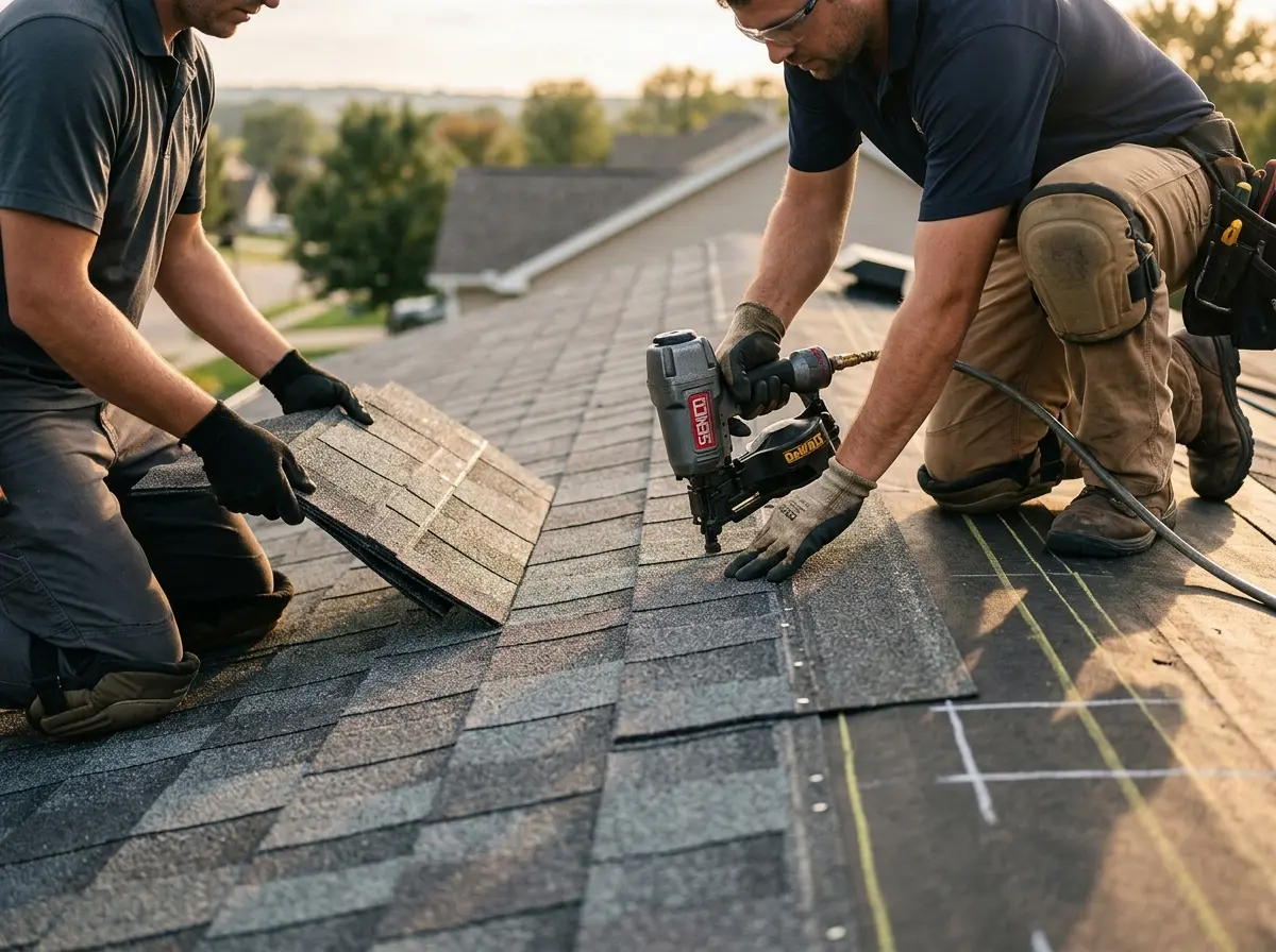 Professional roofer working on a residential roof in McKees Rocks